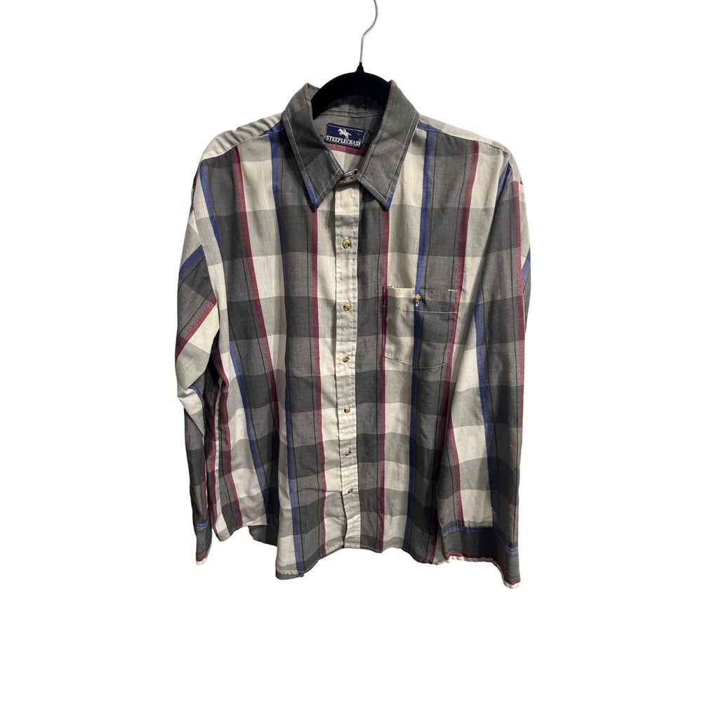 Steeplechase Mens Plaid Button Down Shirt Grey Blue Burgundy Long Sleeve Large
